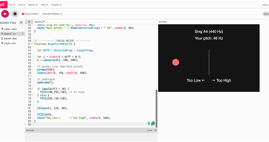 A pitch tracker shows how close the input sound is to a target note.